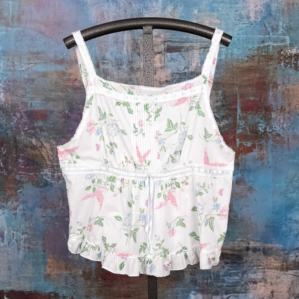 Vintage Laura Ashley Cotton Babydoll Tank Pajama Top XL Floral Butterfly Cottage